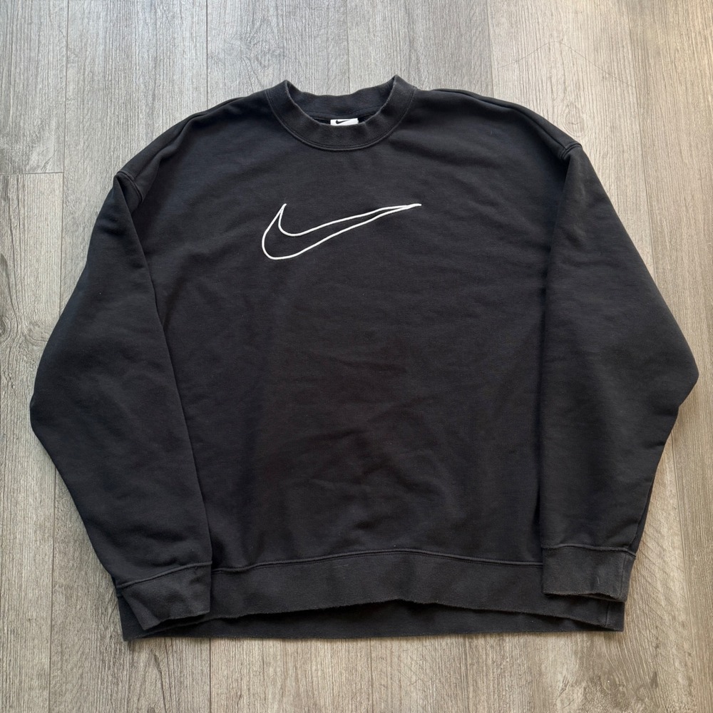 Nike Dri-Fit womens L Black Crewneck Sweatshirt White Swoosh Pullover baggy fit